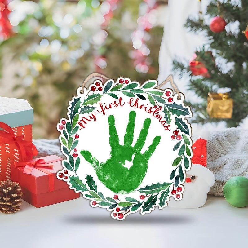 BEETHIS DIY Baby's First Christmas Handprint Wood Hanging Door Wall Sign Decor, Holy Round Sign, My First Holiday Milestone Signs, Baby's First 2025 Announcement, Newborn Baby Keepsake Gift (Ink Not Included) - Image 2